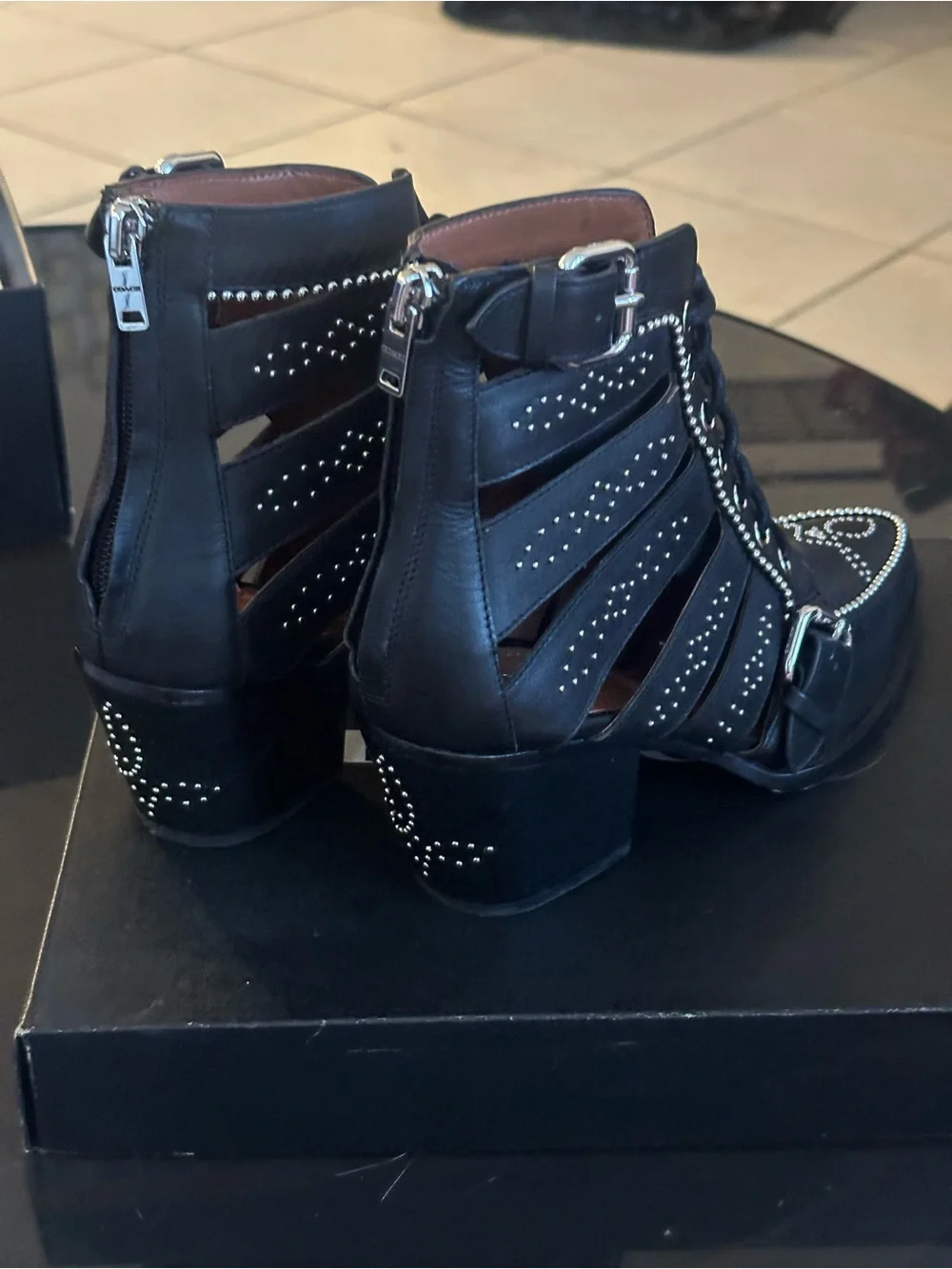COACH Black Studded Lace-Up Ankle Booties with Buckle